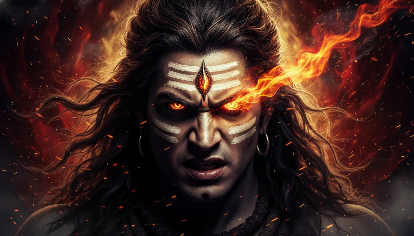 Aggressive and powerful Rudra avatar of Lord Shiva with third eye open.
