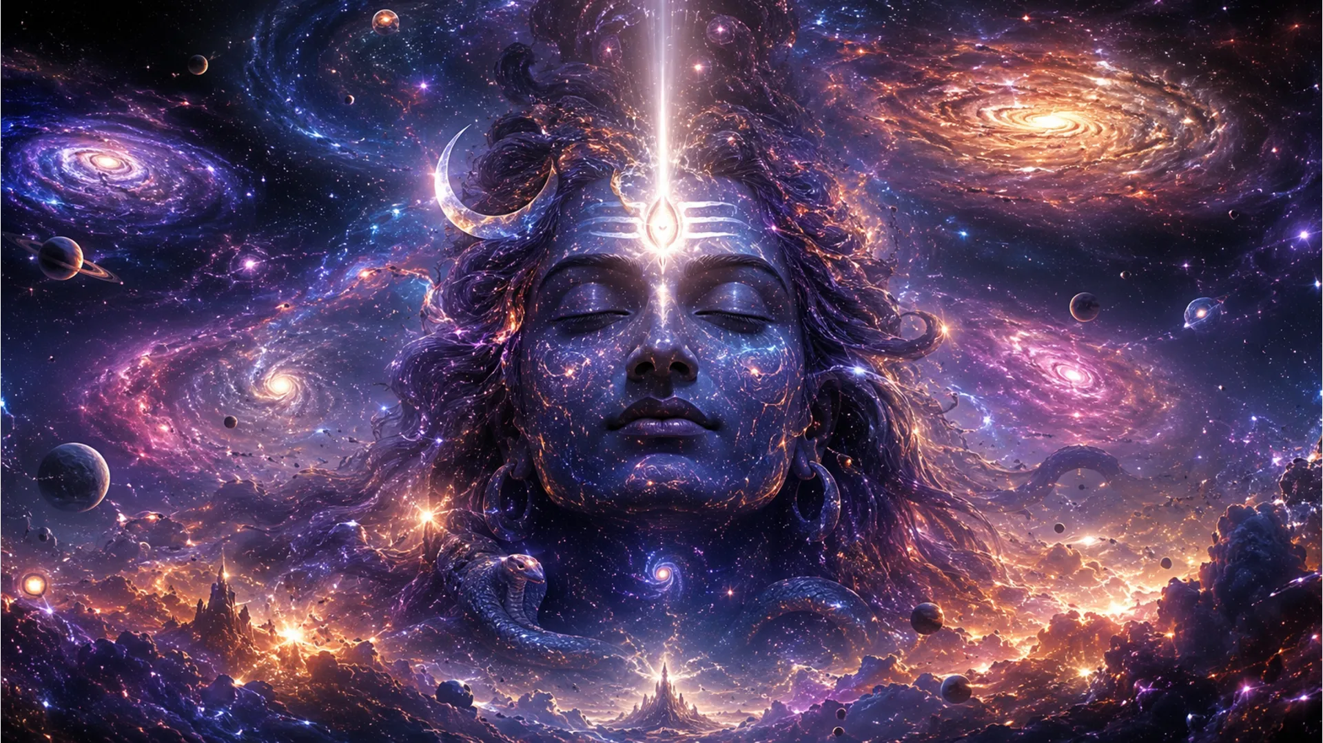 Lord Shiva's faces merging with the cosmic universe, stars, and galaxies, Har Har Mahadev photo download MP3.