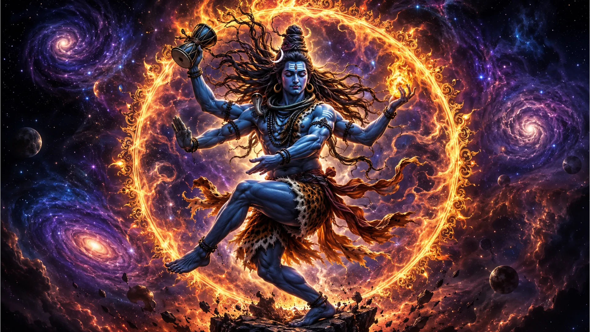 Lord Shiva performing the cosmic Tandava dance of destruction and creation surrounded by cosmic fire.