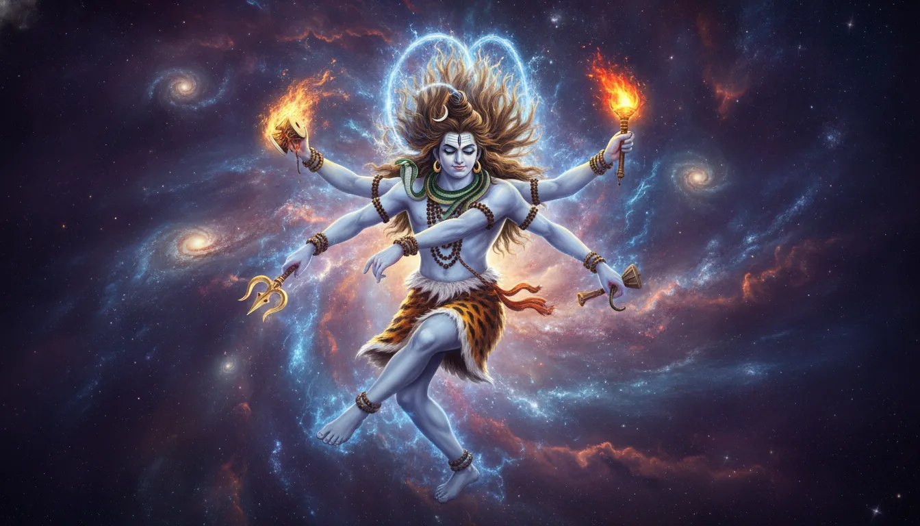 Lord Shiva performing the fierce cosmic Tandava dance amidst cosmic energy.