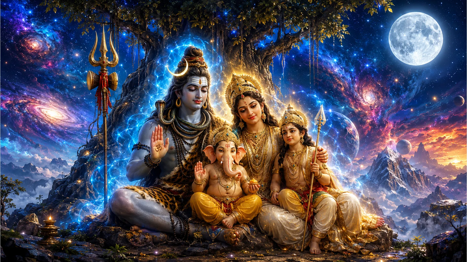 Spiritual Har Har Mahadev family photo HD with a cosmic nebula and starry night background.