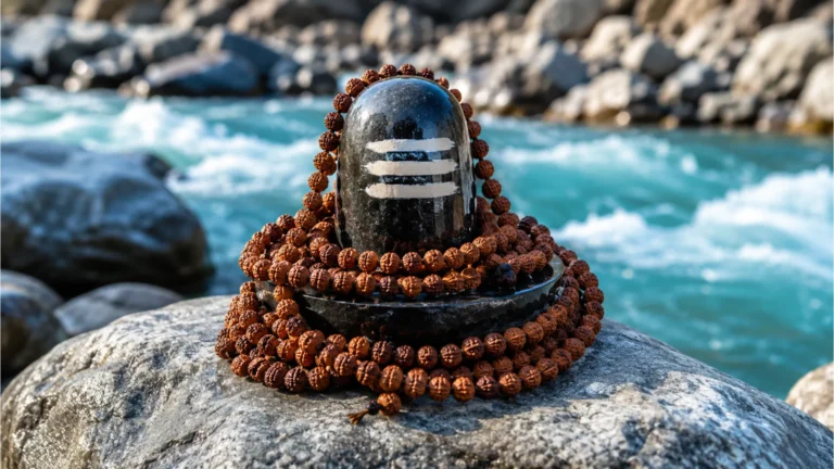 Close-up of an ancient Shivling heavily draped in strands of textured brown Rudraksha beads.