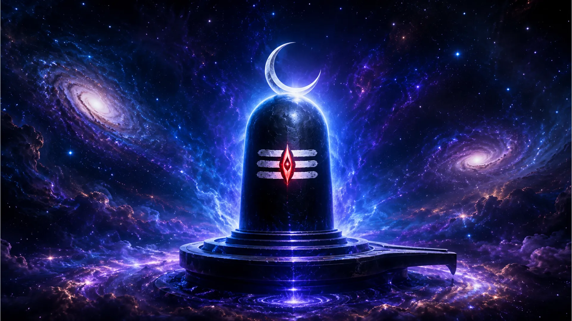 A dark stone Mahadev Shivling glowing with cosmic blue energy and stardust under a starry sky.