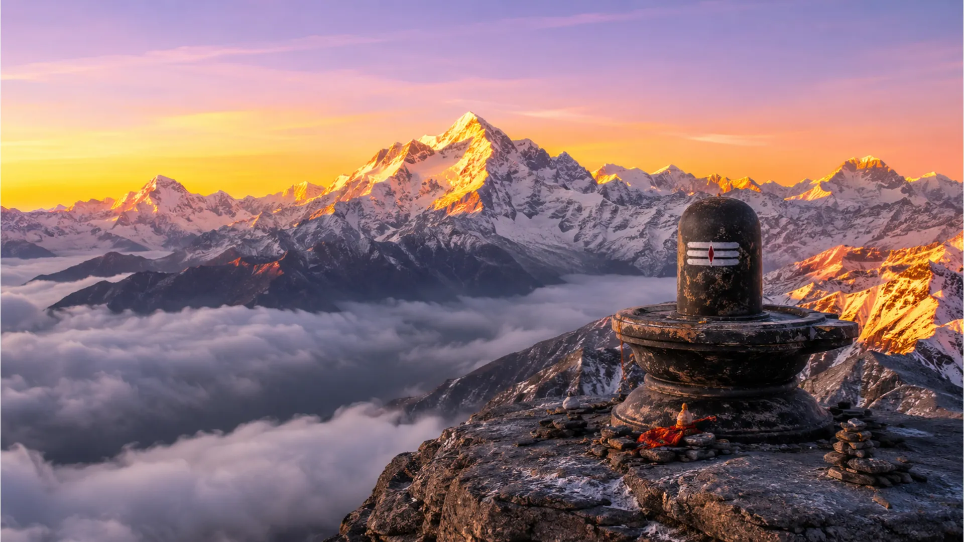 An ancient stone Mahadev Shivling on a snow-covered Himalayan mountain ridge during a golden sunrise.