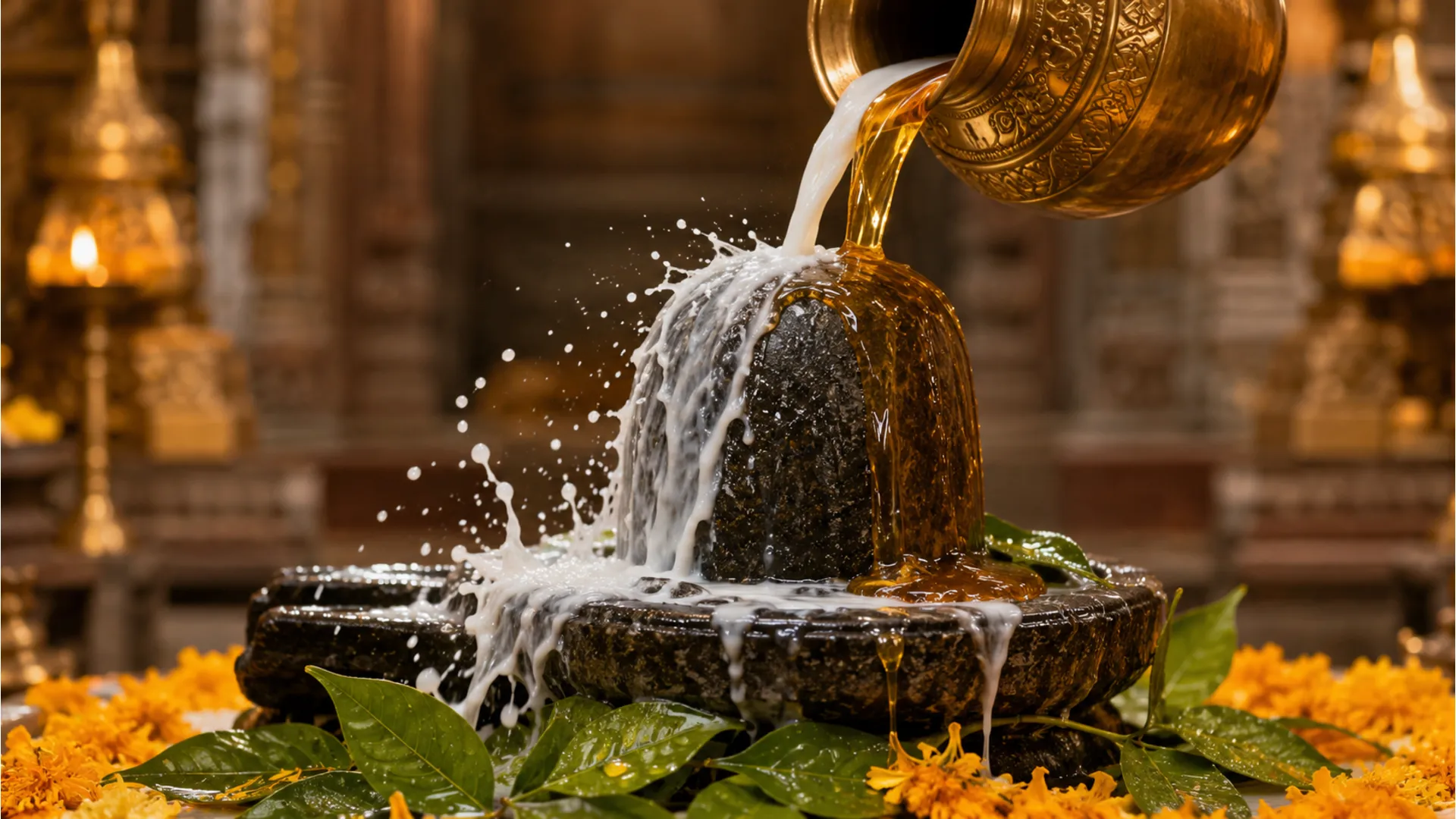 Liquid streams of fresh milk and honey being poured over a dark stone Shivling from a brass vessel.
