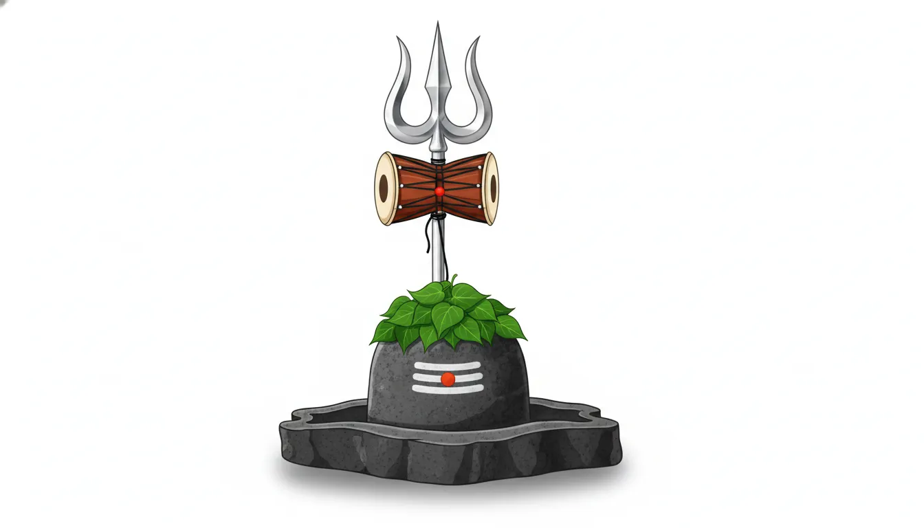 Lord Shiva's sacred stone shivling with a silver trishul and damru clip art illustration.