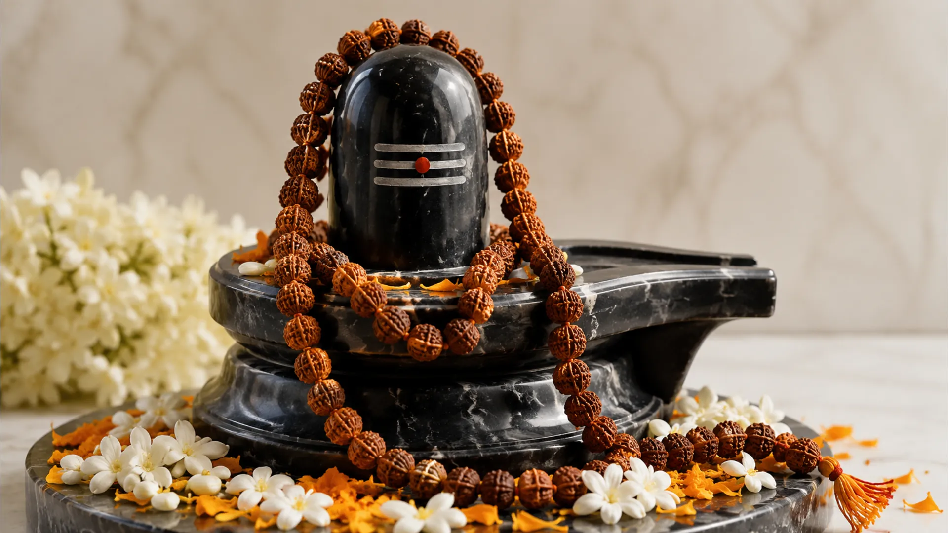 Black stone Mahadev Shivling adorned with a natural Rudraksha bead garland.