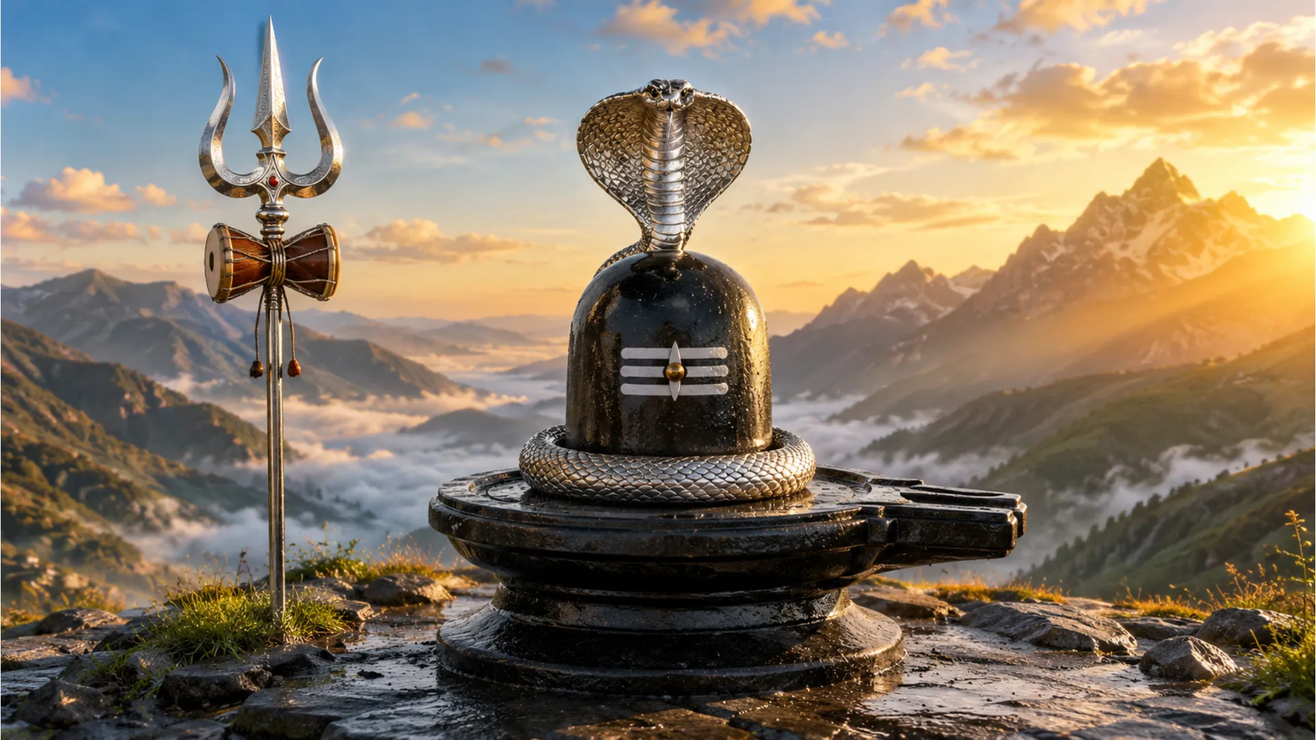 Mahadev Shivling image HD with a silver trishul and damru set against a misty mountain valley background.