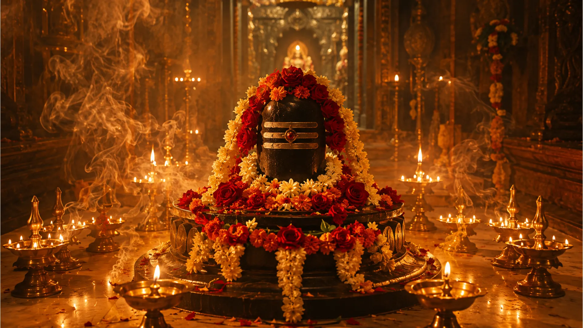 A beautiful Shivling decorated with flowers and illuminated by multiple brass oil lamps during evening aarti.