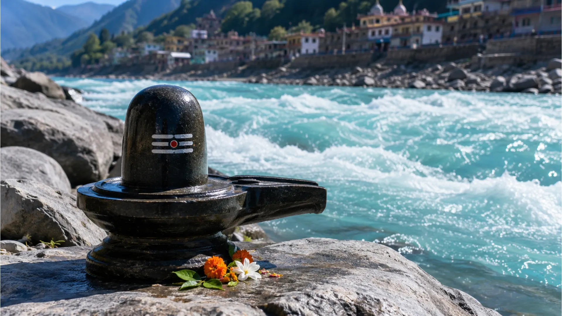 A sacred rock Shivling overlooking the fast-flowing turquoise waters of the holy Ganga river.