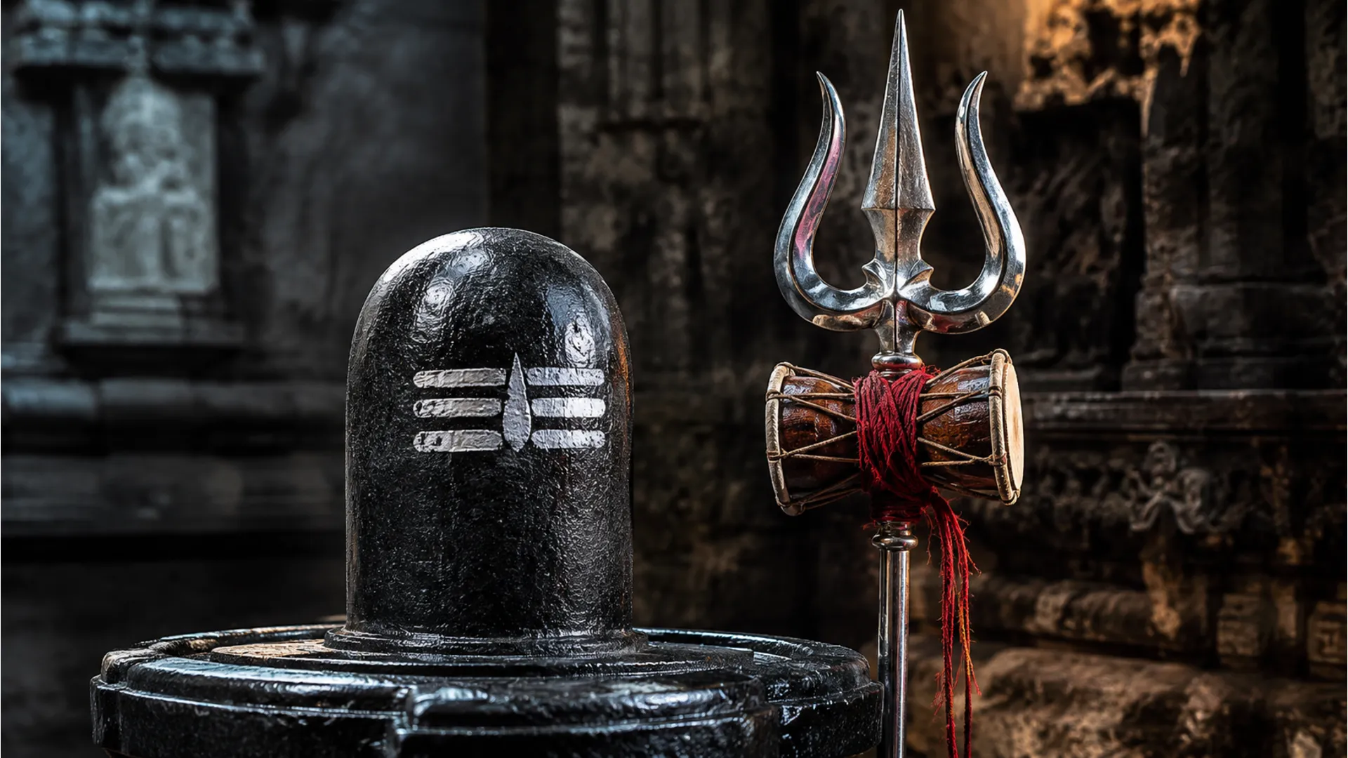 A close-up of a stone Shivling with a powerful silver Trishul and a small wooden damru tied to it.
