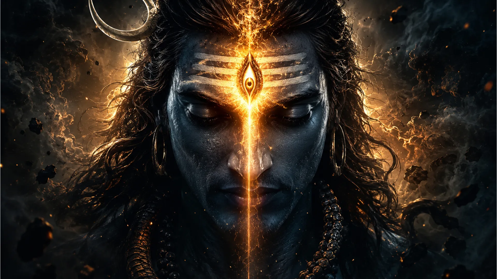 Close-up of Lord Shiva with his powerful third eye opening, emitting golden energy.