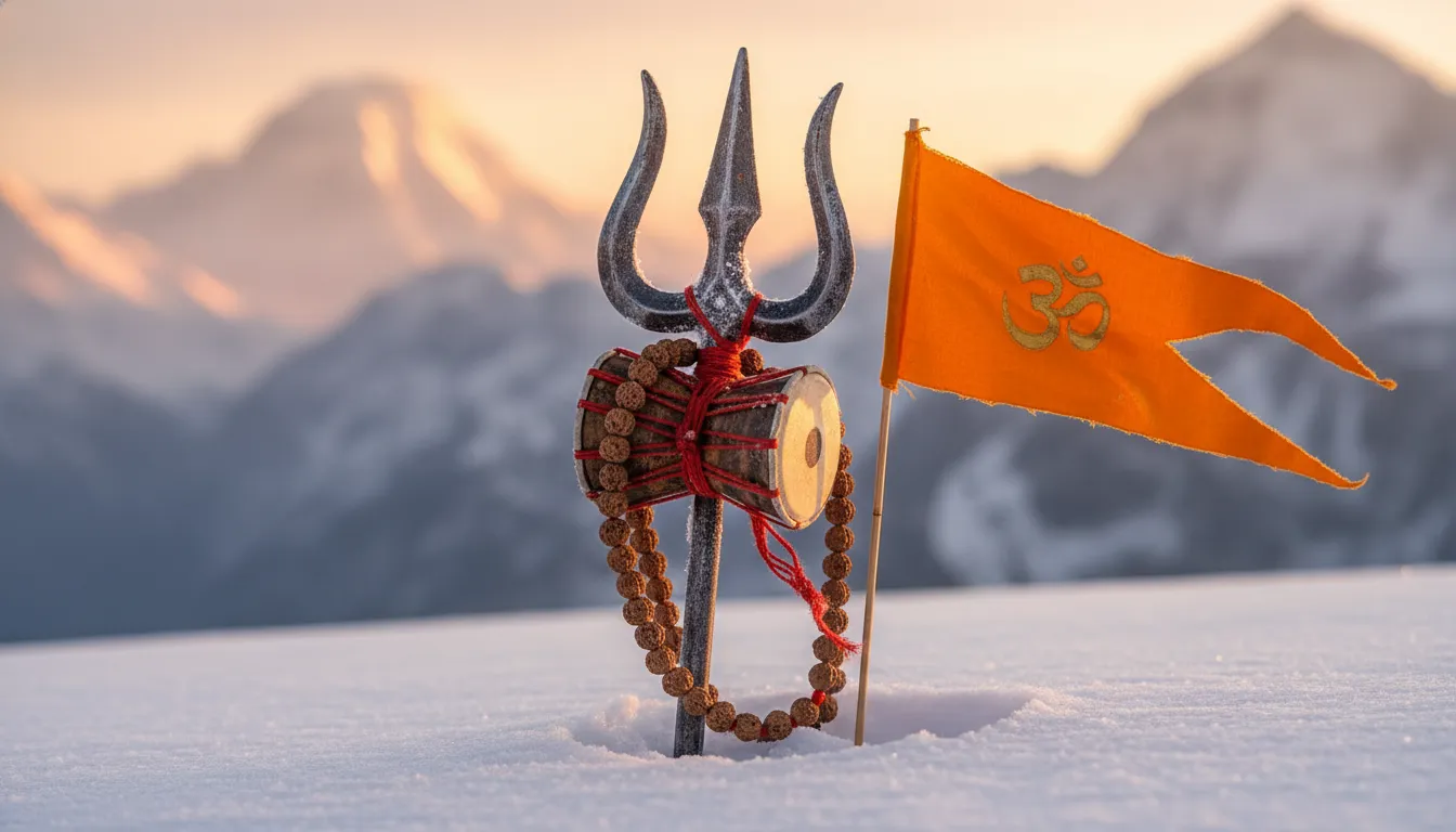 Artistic close-up of Lord Shiva's holy Trishul and Damru planted in Himalayan snow.