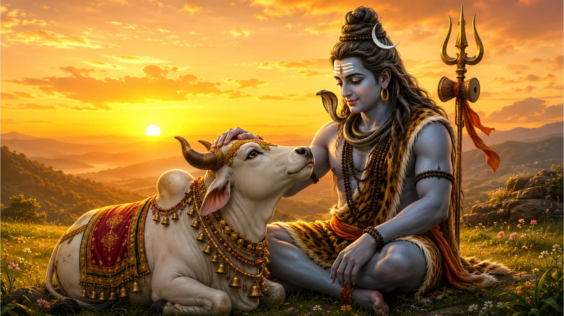 Close up portrait of Mahadev holding his sacred Trishul and Damru.