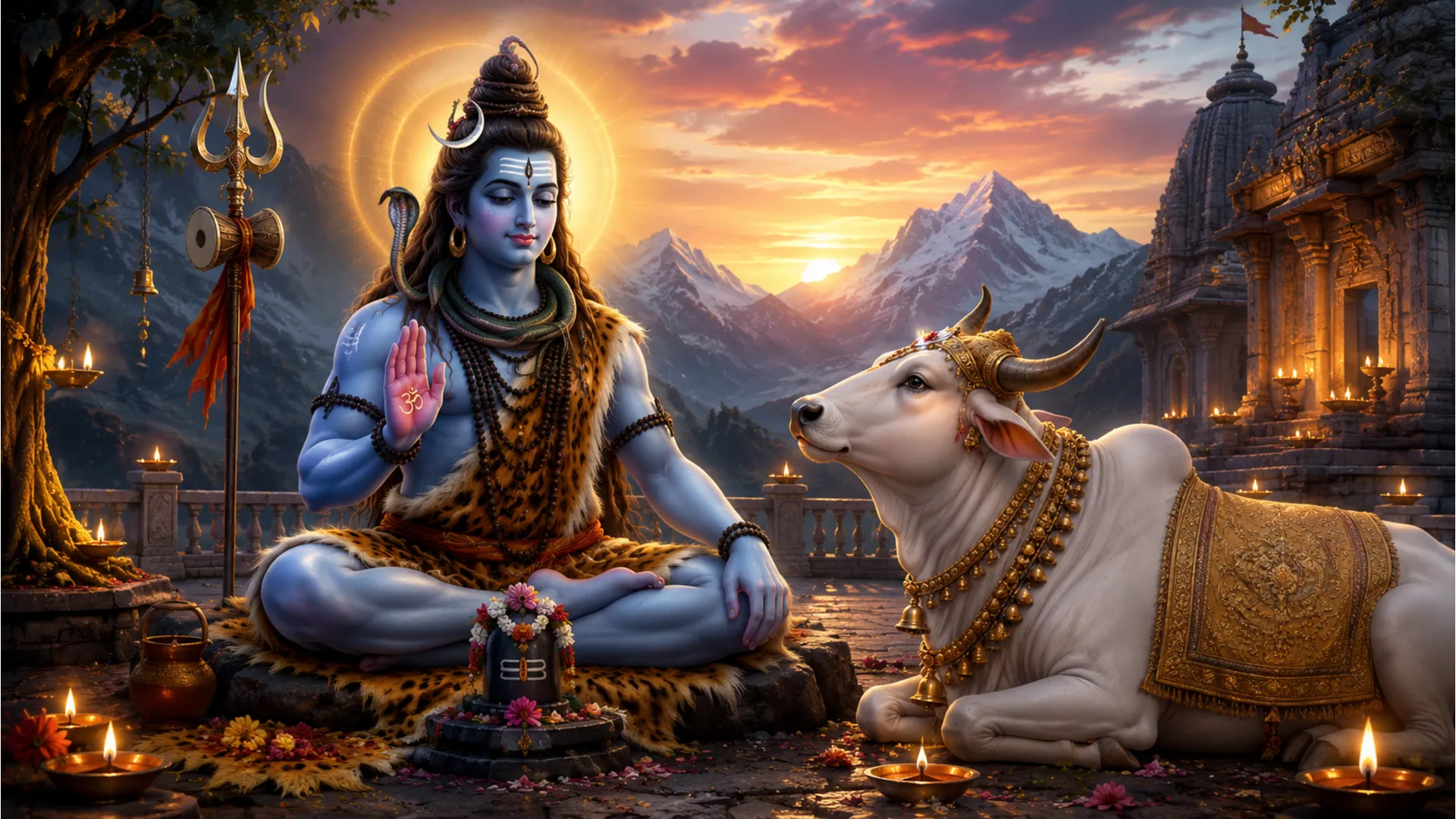 Lord Shiva sitting peacefully with his sacred vehicle Nandi the bull.