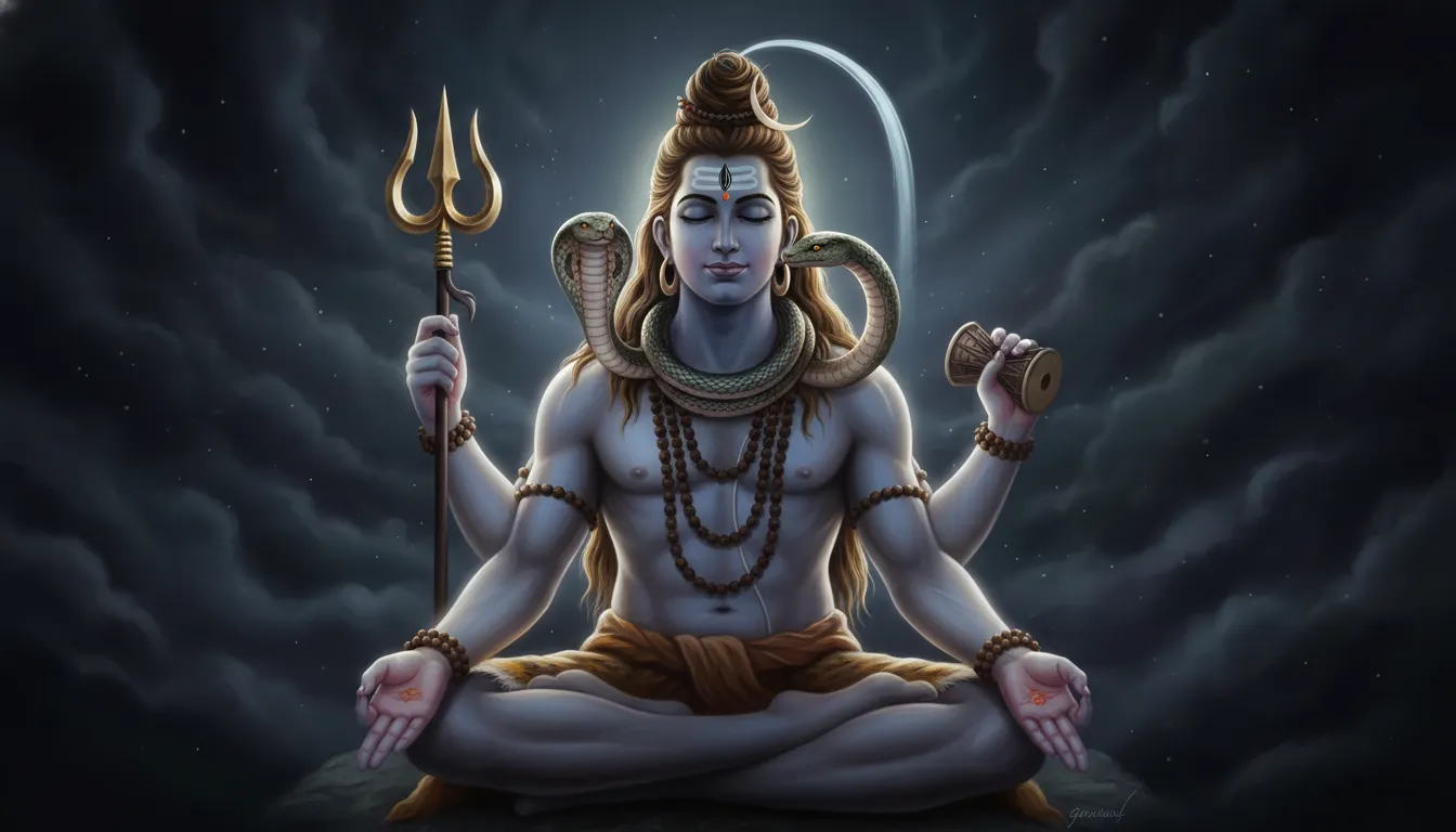 Lord Shiva sitting calmly with the sacred snake Vasuki around his neck.