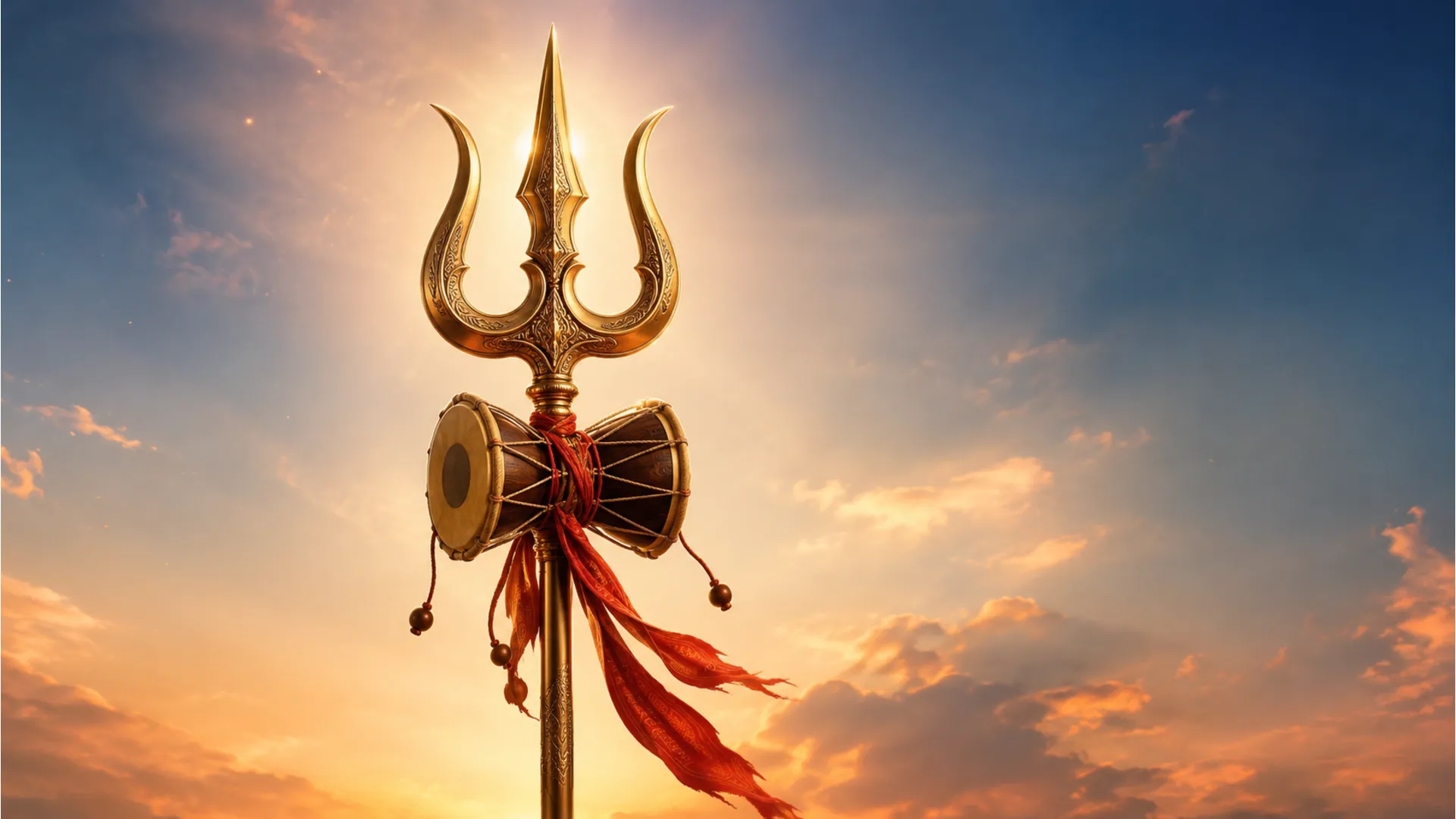 Close-up of Lord Shiva holding his sacred Trishul and Damru in a powerful 1080p HD wallpaper.