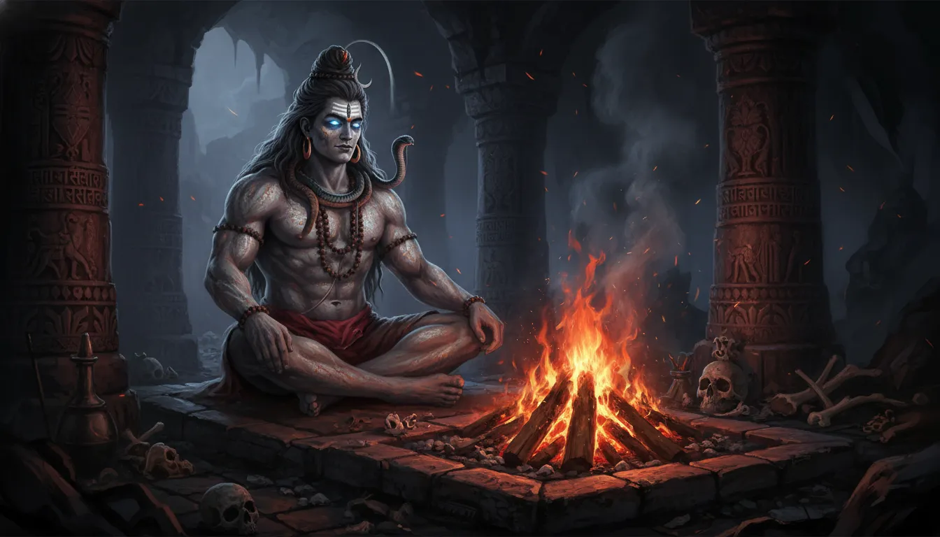 Mystical and ancient Aghori Mahakal form of Lord Shiva sitting by a sacred fire.