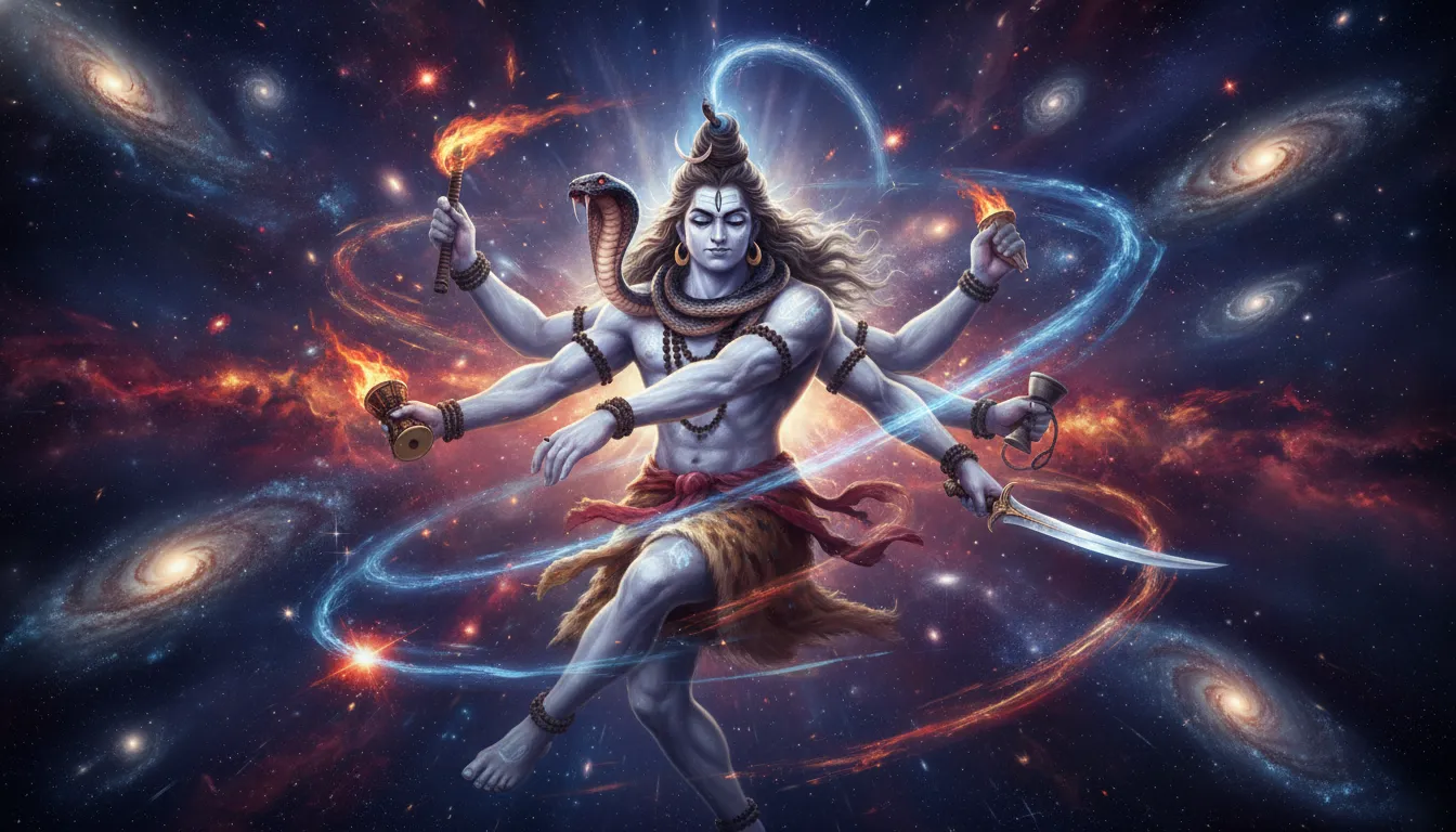 Angry Lord Shiva performing Rudra Tandav dance in the cosmos with powerful Mahakal shayari text.