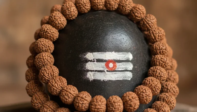 Close-up of an ancient Shivling heavily draped in strands of textured brown Rudraksha beads.