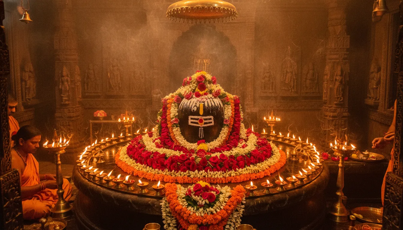 A beautiful Shivling decorated with sacred ash and illuminated by multiple brass oil lamps during evening aarti.
