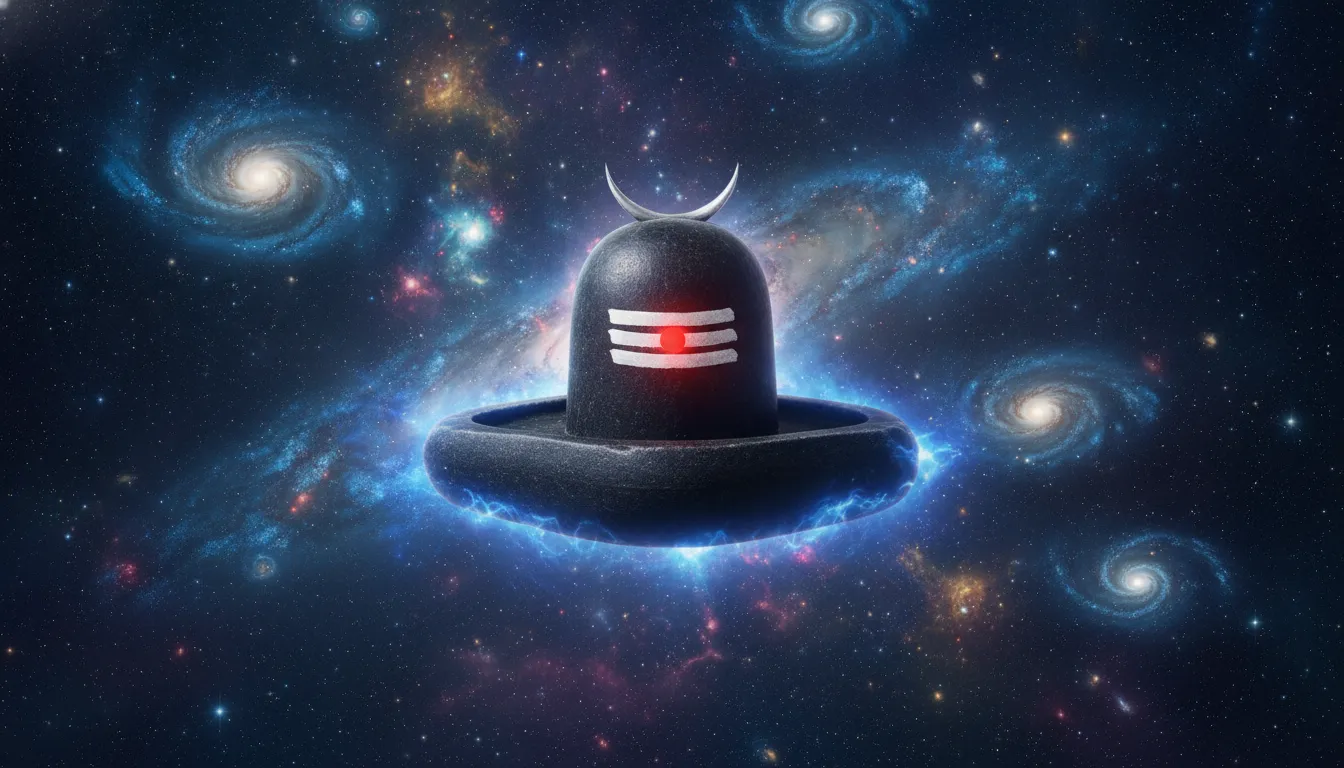 A dark stone Mahakal Shivling glowing with cosmic blue energy and stardust under a starry sky.