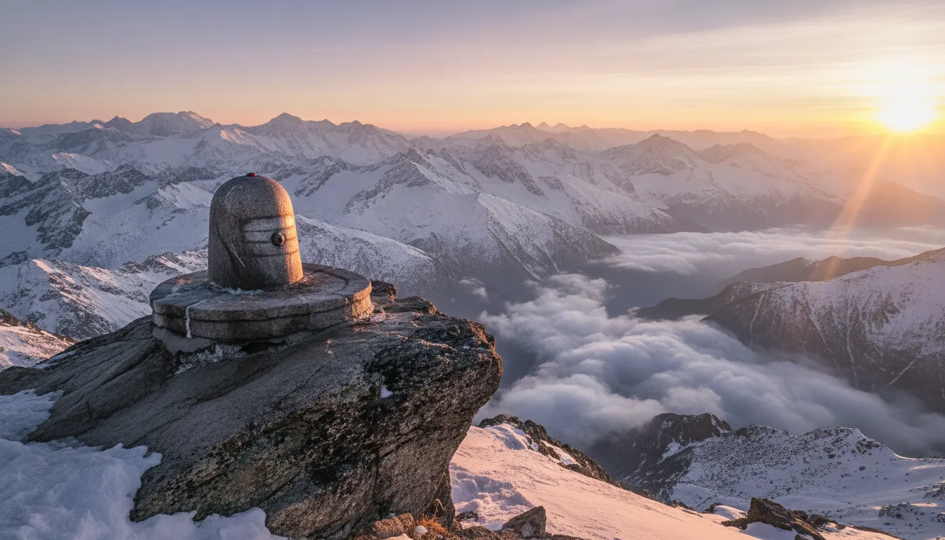 An ancient stone Mahakal Shivling on a snow-covered Himalayan mountain ridge during a golden sunrise.