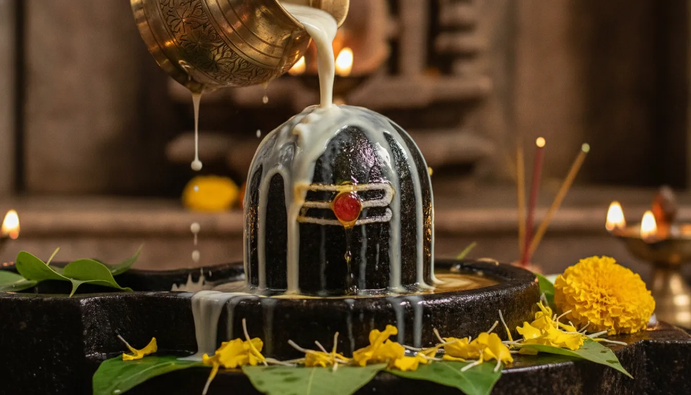 Liquid streams of fresh milk and honey being poured over a dark stone Shivling from a brass vessel.