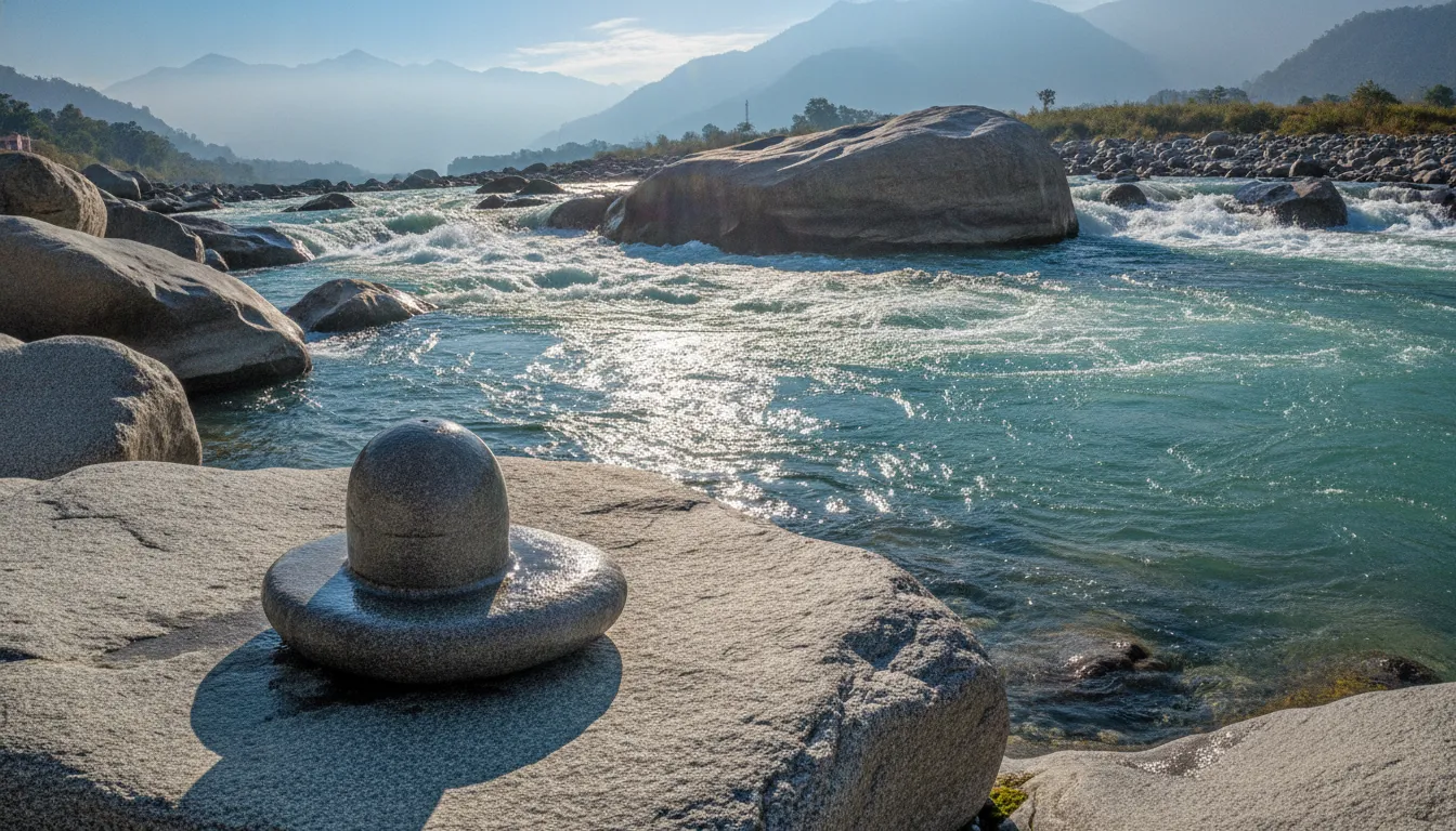 A sacred rock Shivling overlooking the fast-flowing turquoise waters of the holy Ganga river.
