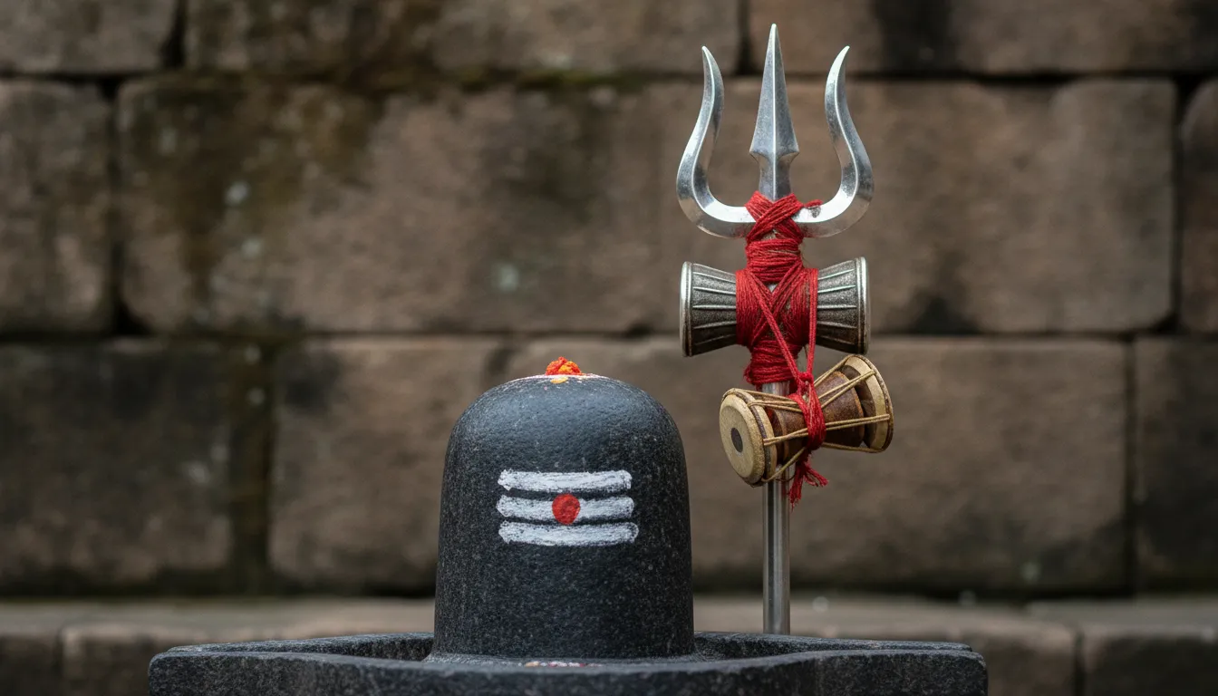 A close-up of a stone Shivling with a powerful silver Trishul and a small wooden damru tied to it.