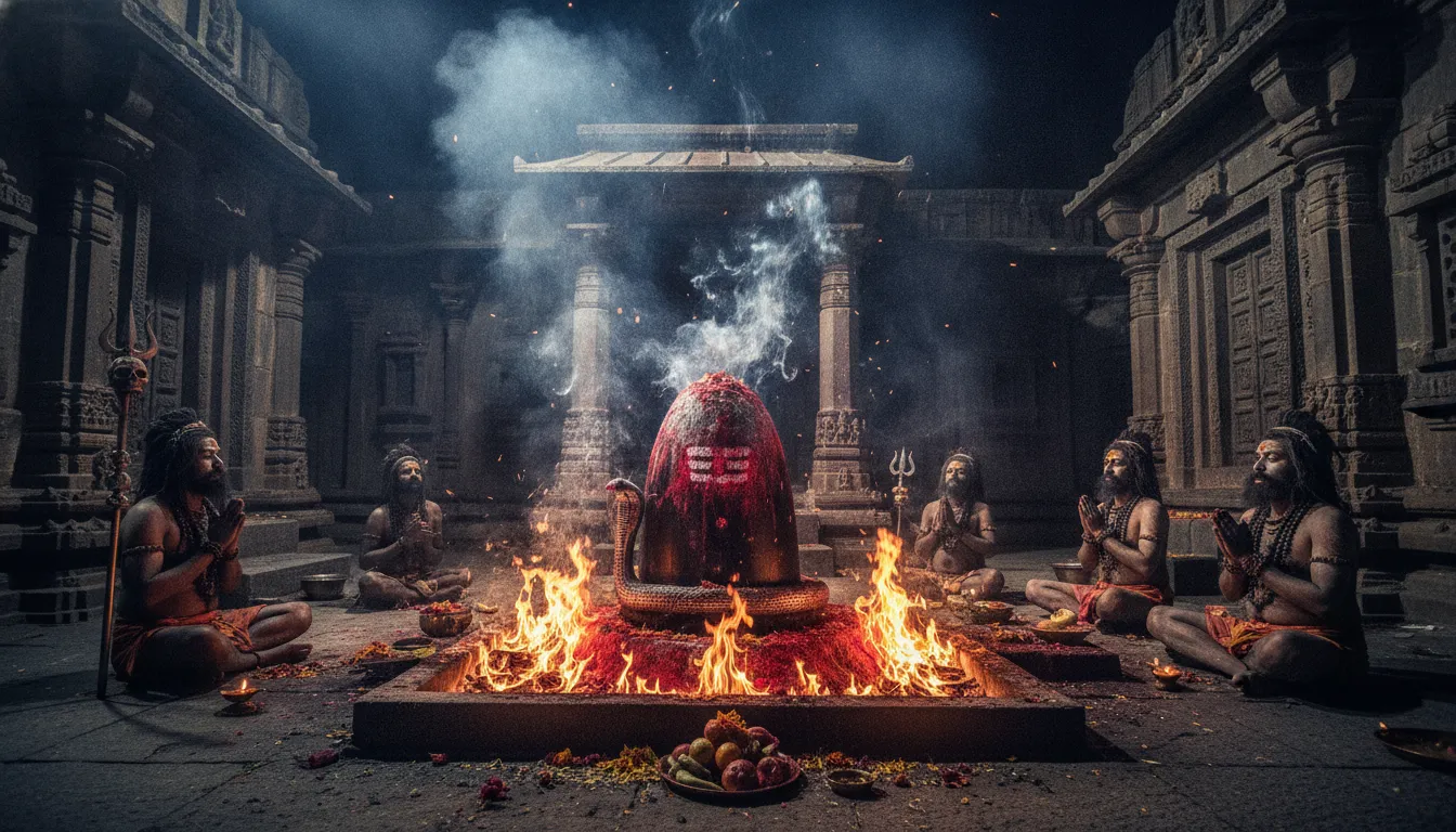 Dynamic fire and smoke surrounding Mahakaleshwar Aghori pooja Shivling images.