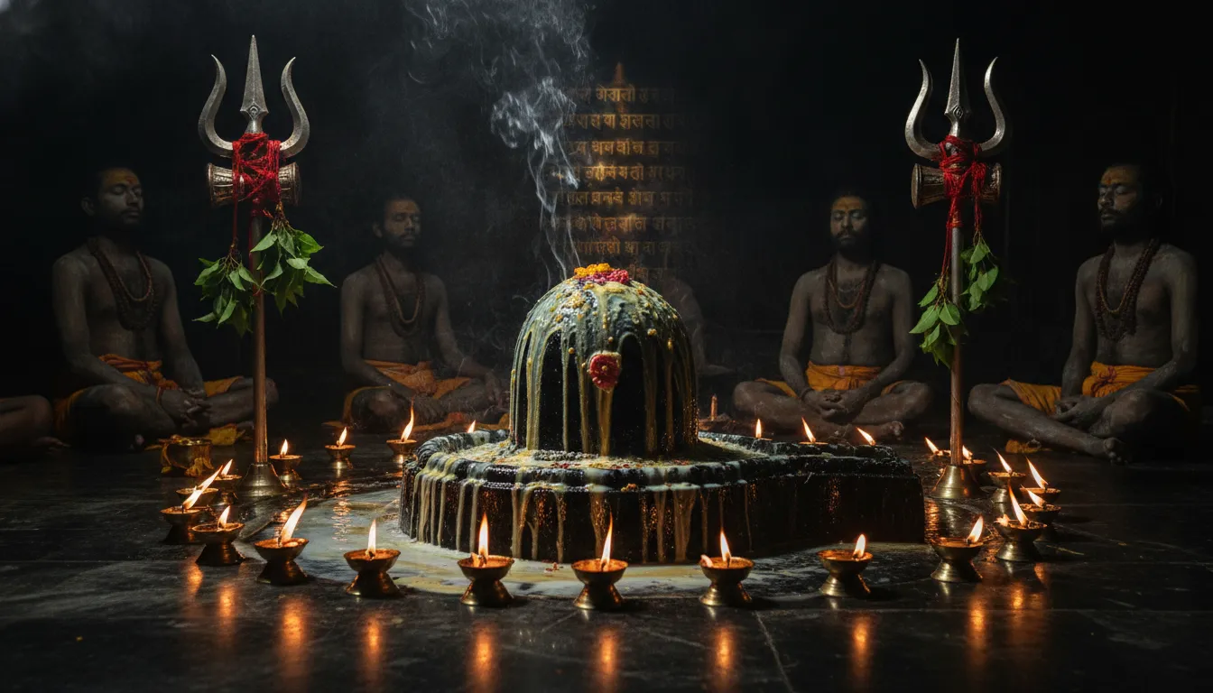 Midnight Mahakaleshwar Aghori pooja Shivling images with glowing oil lamps.