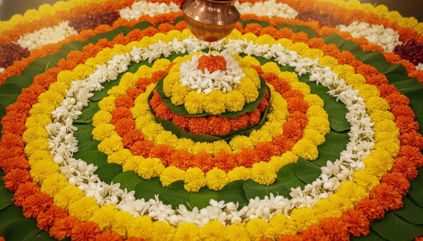 Shivling completely adorned with intricate patterns of colorful flowers for a festival.