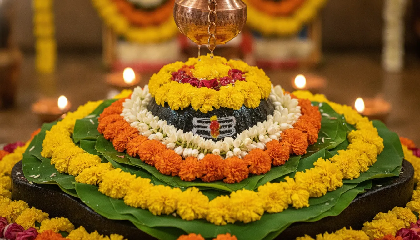 Shivling completely adorned with intricate patterns of colorful flowers for a festival.