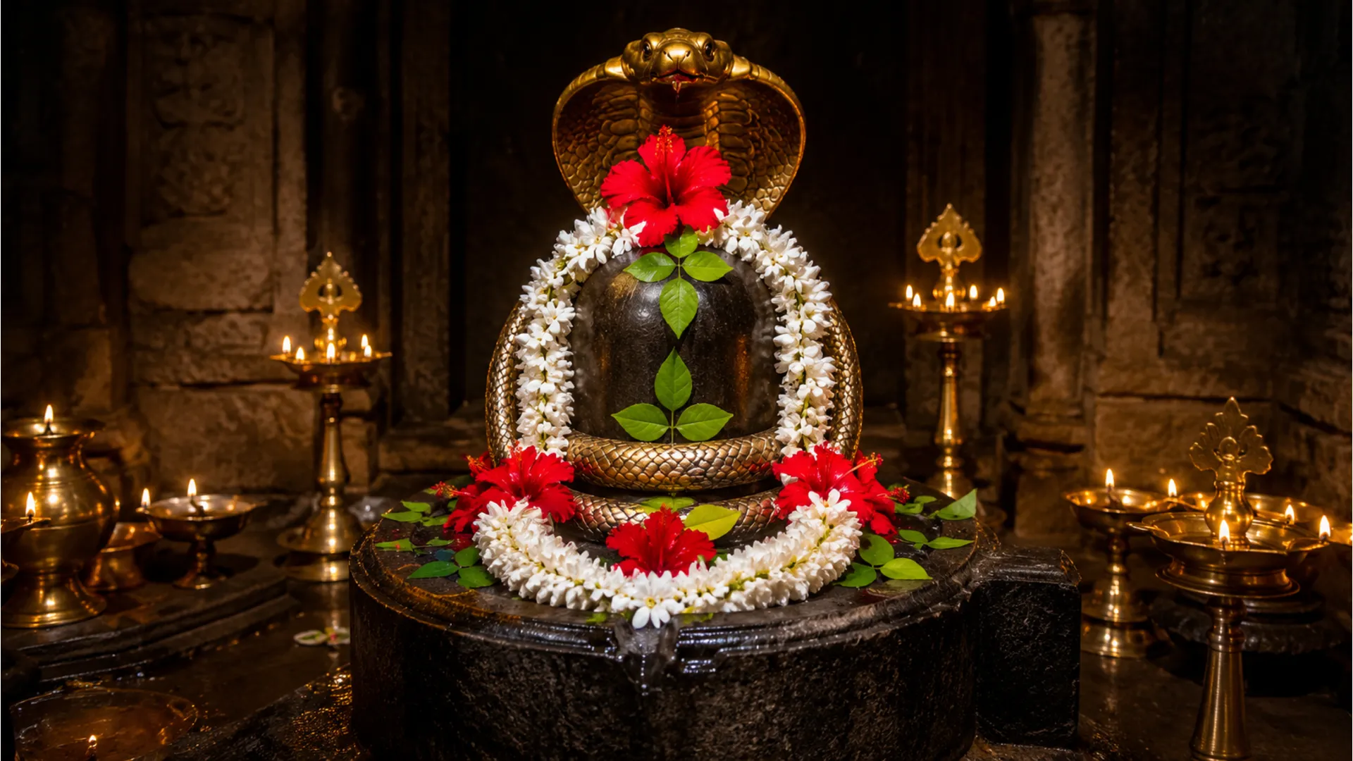Tarakeswar shivling image showing the sacred deity of Lord Taraknath decorated with fresh flowers.