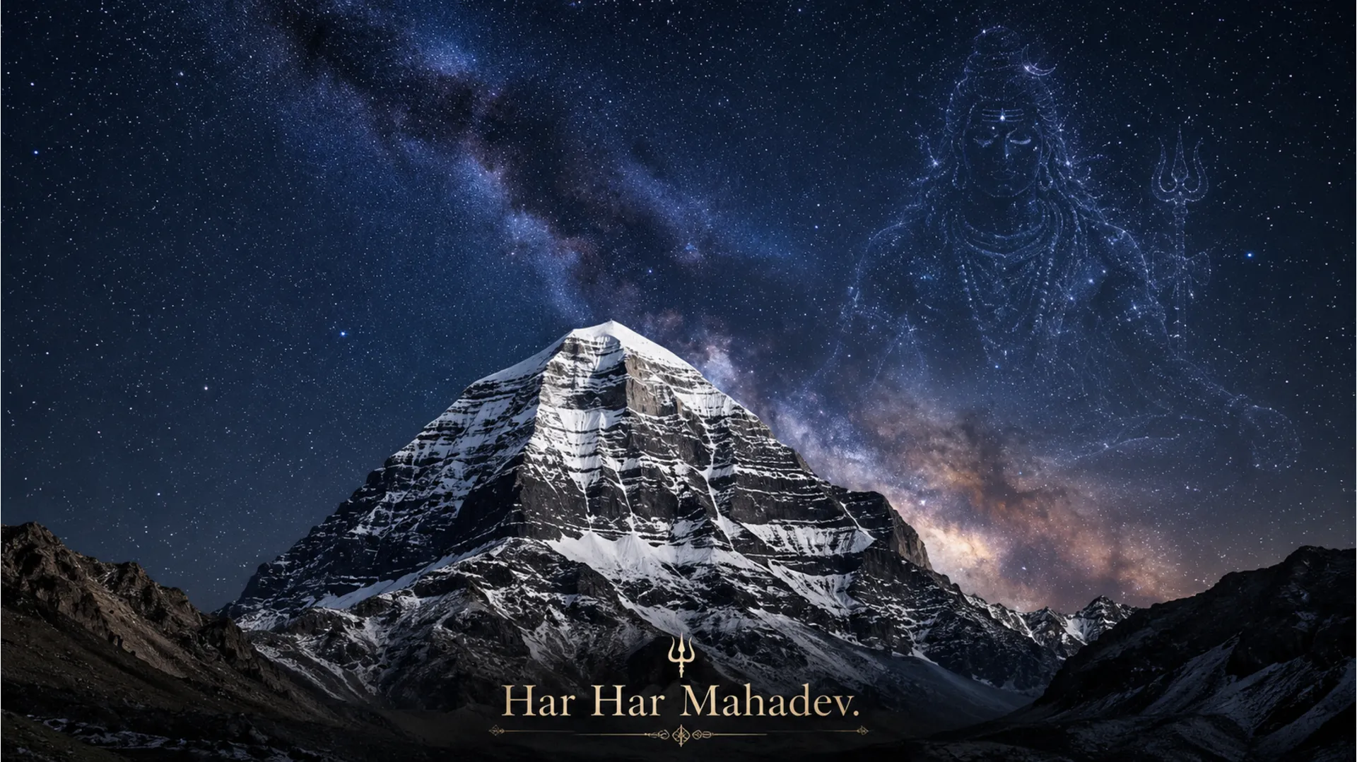 4K landscape photo of Mount Kailash under a starry sky with a subtle Shiva silhouette.