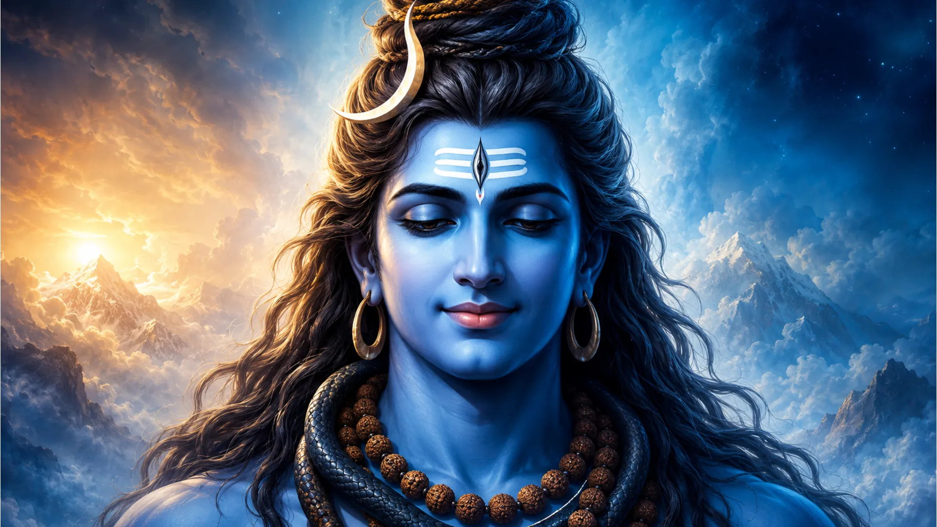 Majestic portrait of Lord Shiva with blue skin, serene expression, and open hair.