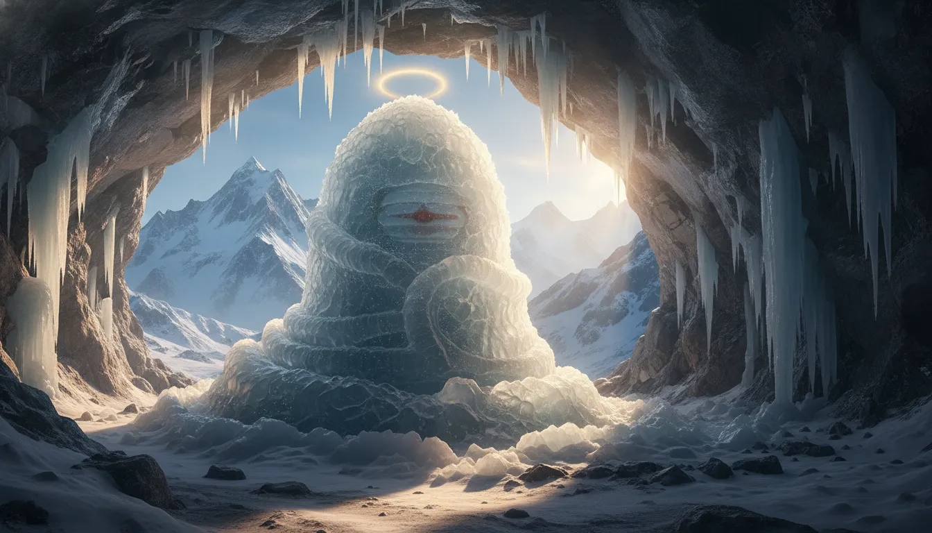 Natural ice Shivling formed inside a mountain cave in the snowy Himalayas with glowing sunlight.