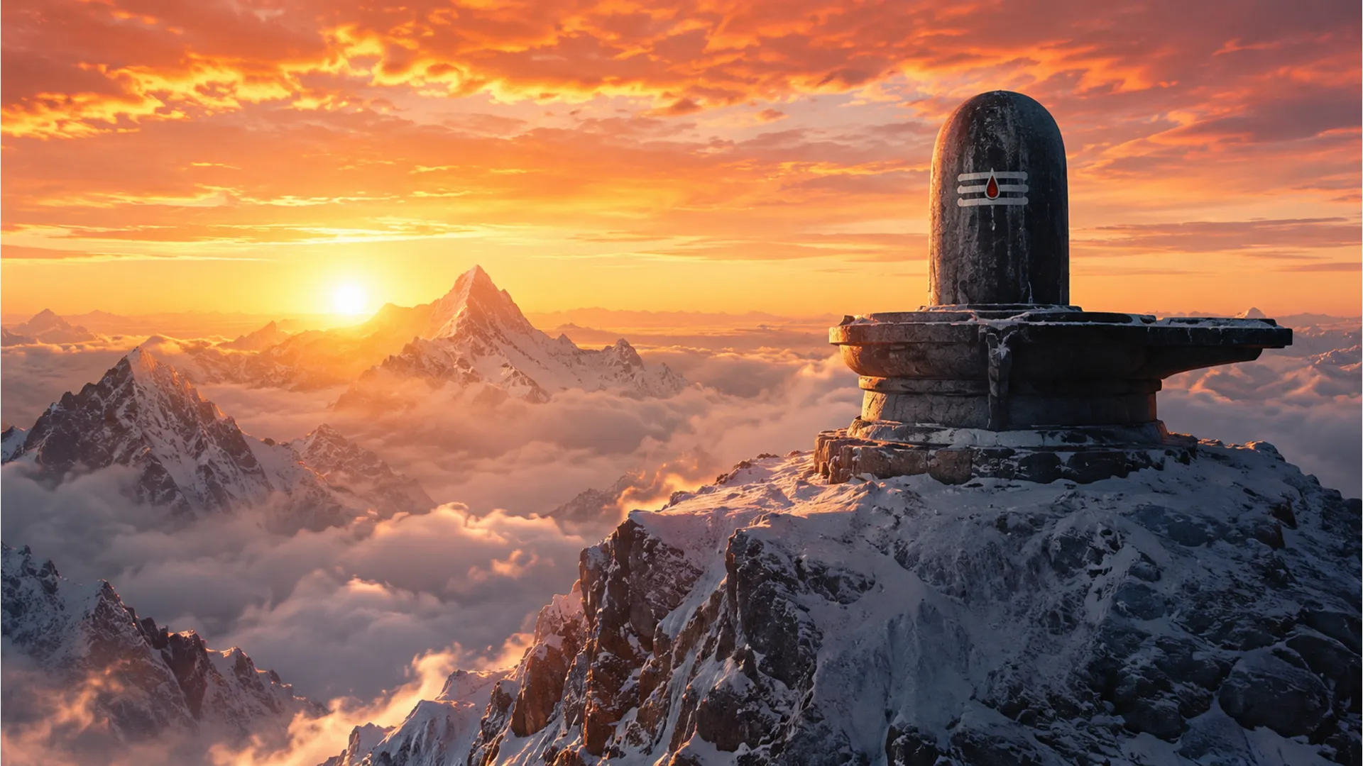 Large stone Shivling on a Himalayan mountain peak during a golden sunrise.