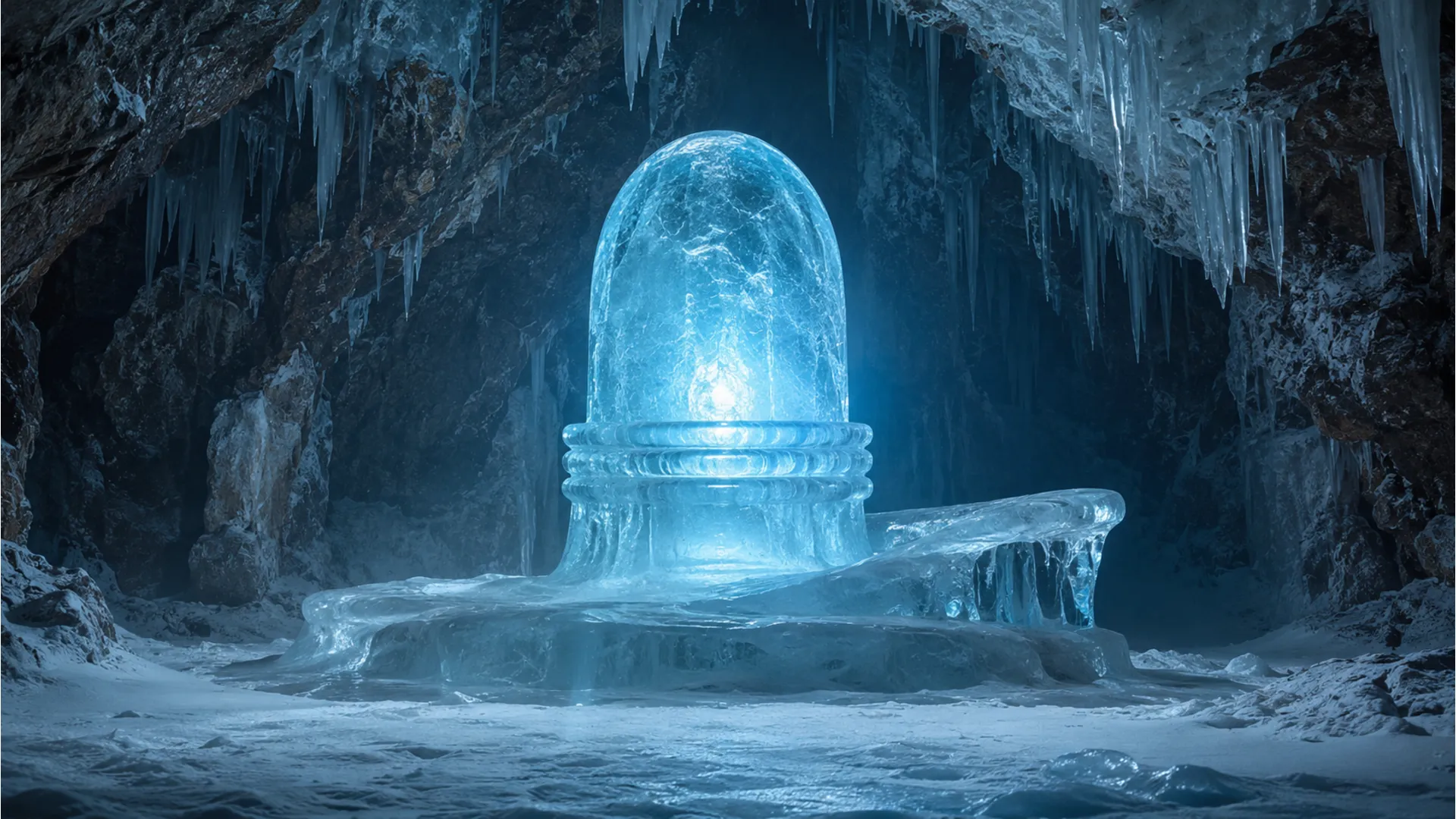 Natural ice Shivling inside a glowing mountain cave structure