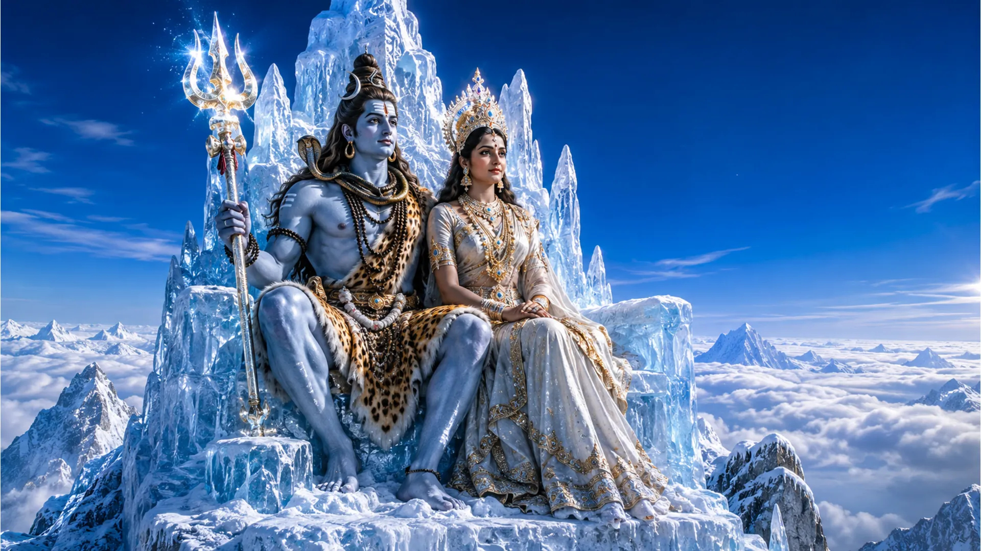 Lord Shiva and Parvati sitting on a majestic throne made of natural ice and snow on a mountain top.