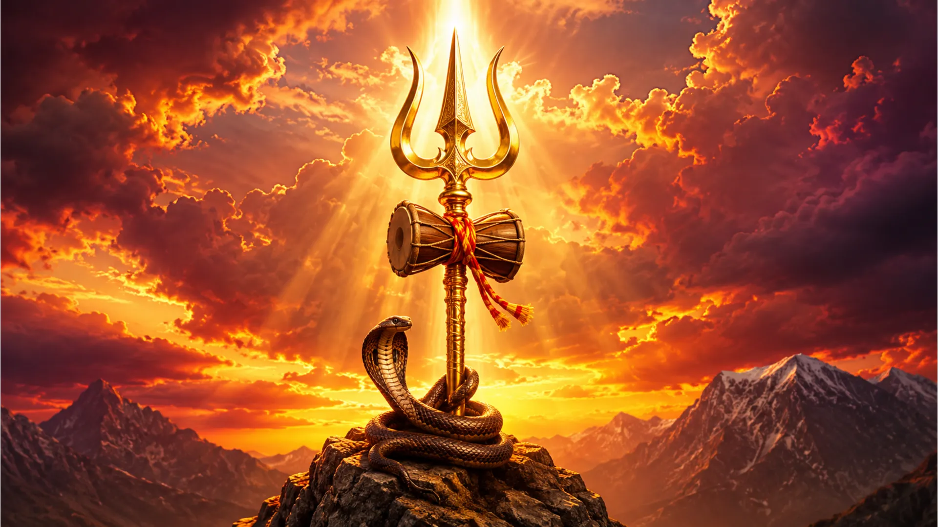 A powerful golden Trishul of Lord Shiva with a Damru against a dramatic sky, Har Har Mahadev photo download MP3.