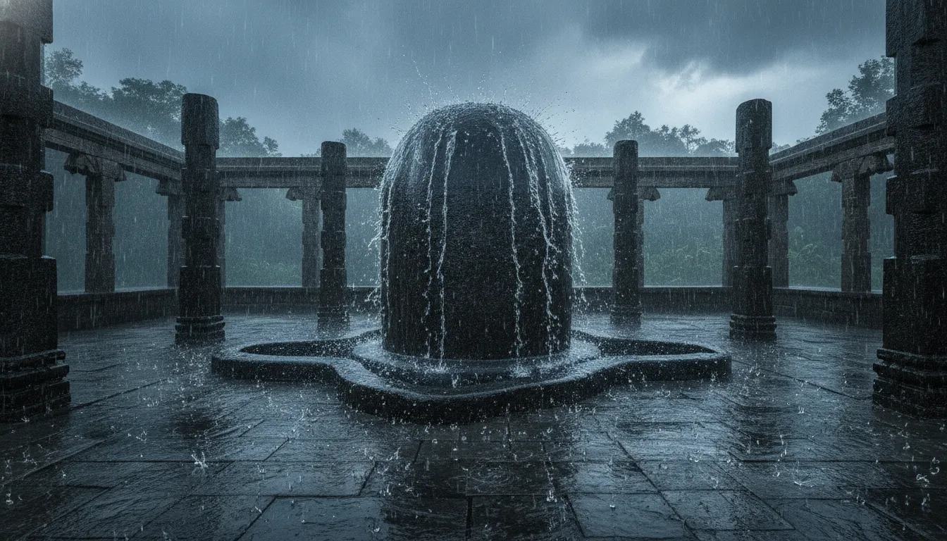 High definition photography of a monolithic stone shivling during a heavy monsoon rain.