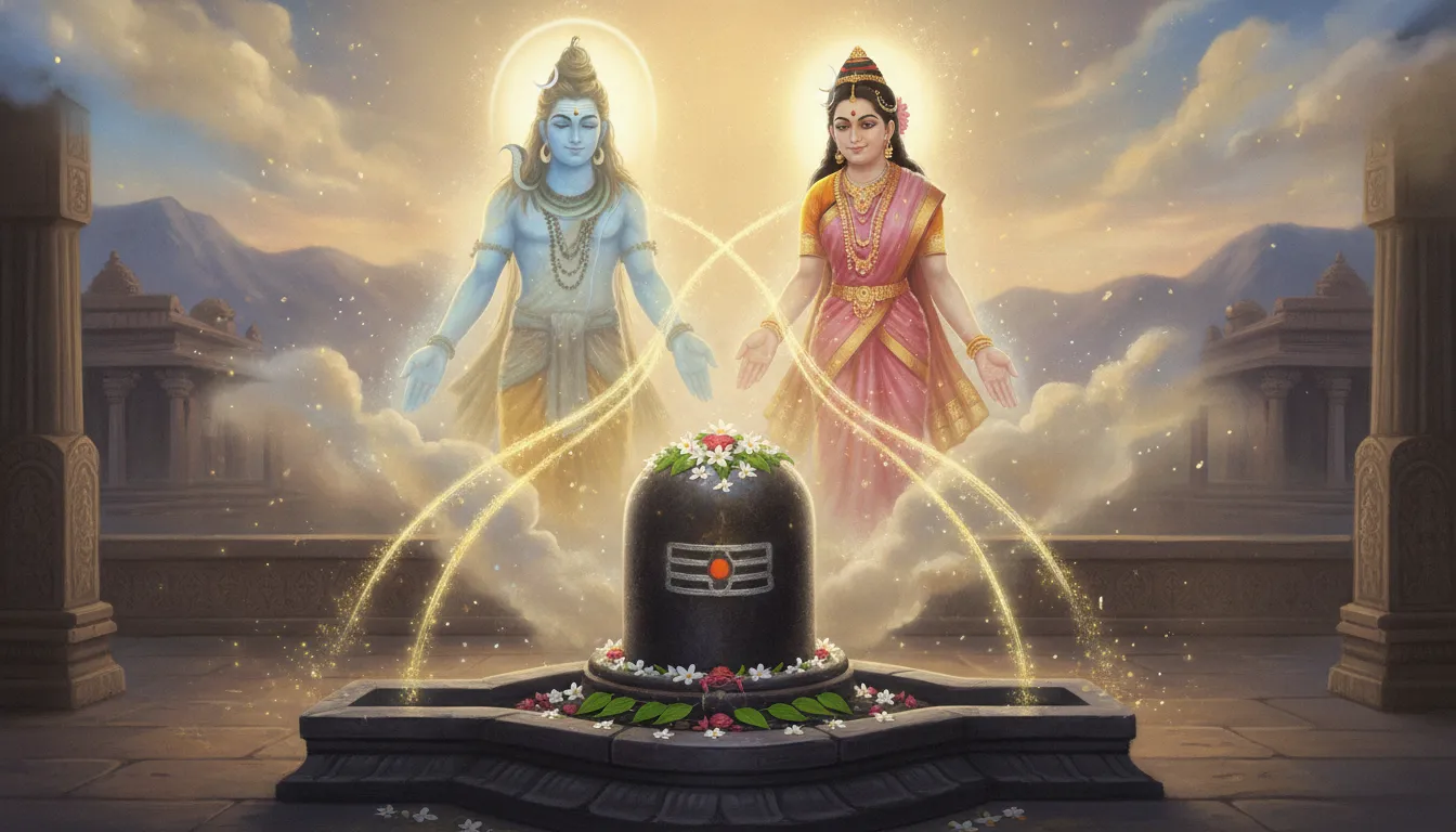 Digital painting of Lord Shiva and Goddess Parvati behind the Mallikarjun shivling.