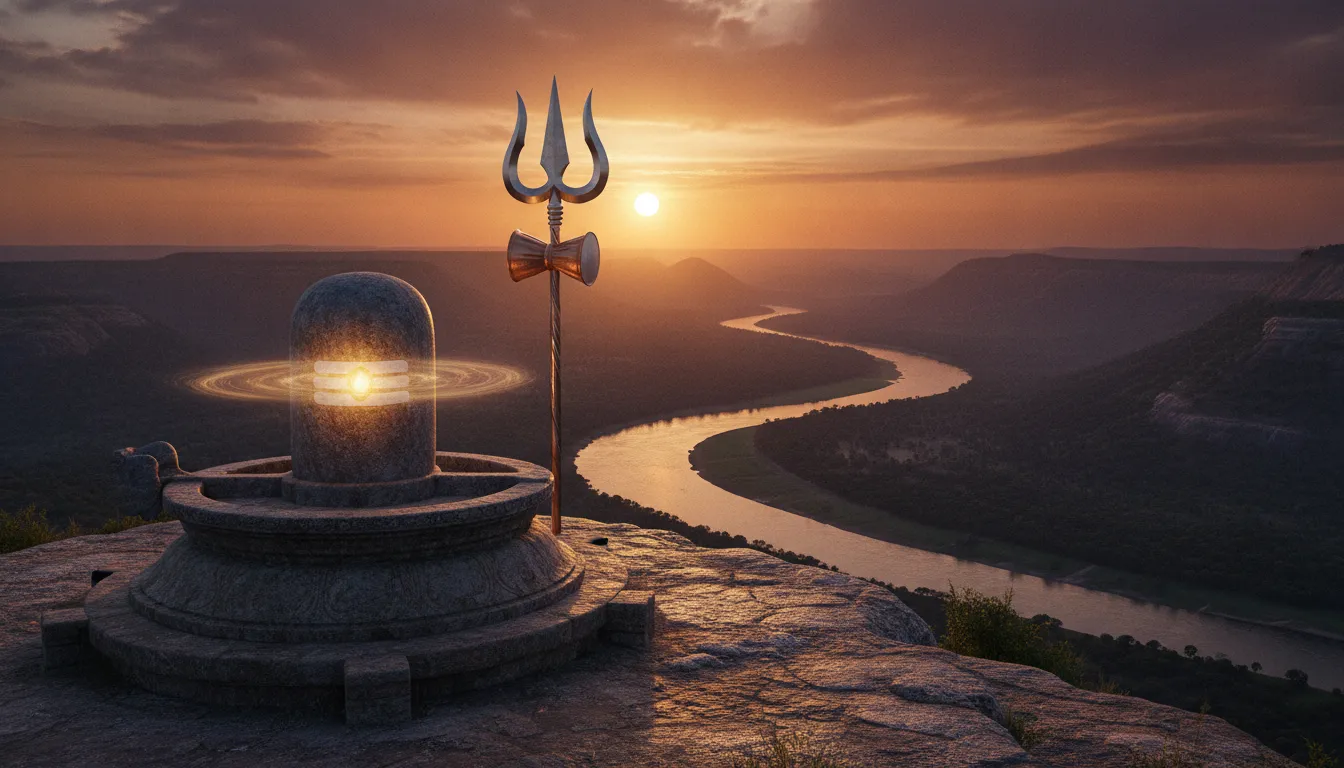 Artistic Mallikarjun shivling image with Srisailam Nallamala hills and sunset background.