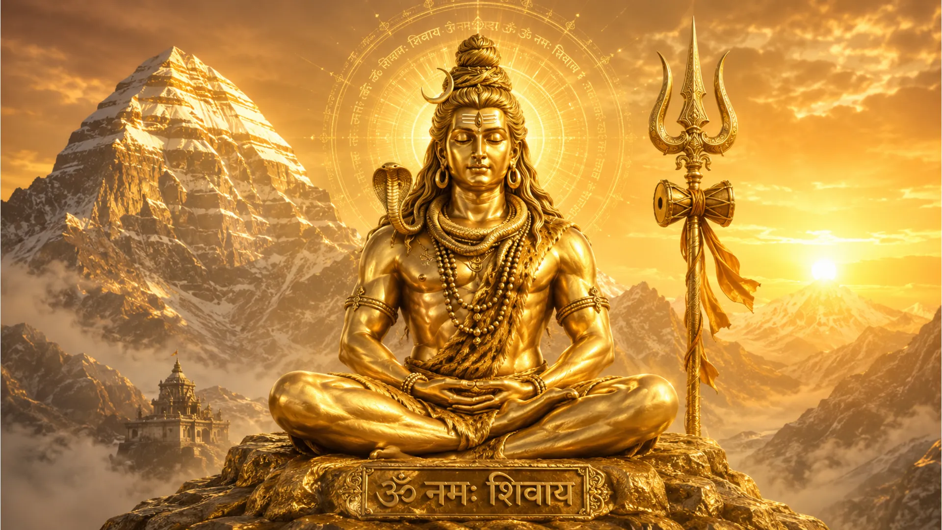 Har har mahadev gold photo showing Lord Shiva meditating in a golden glow.