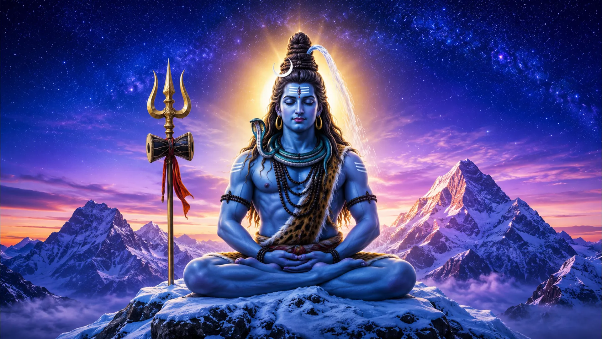 Lord Shiva meditating on a snowy Himalayan peak in HD 1080p resolution.
