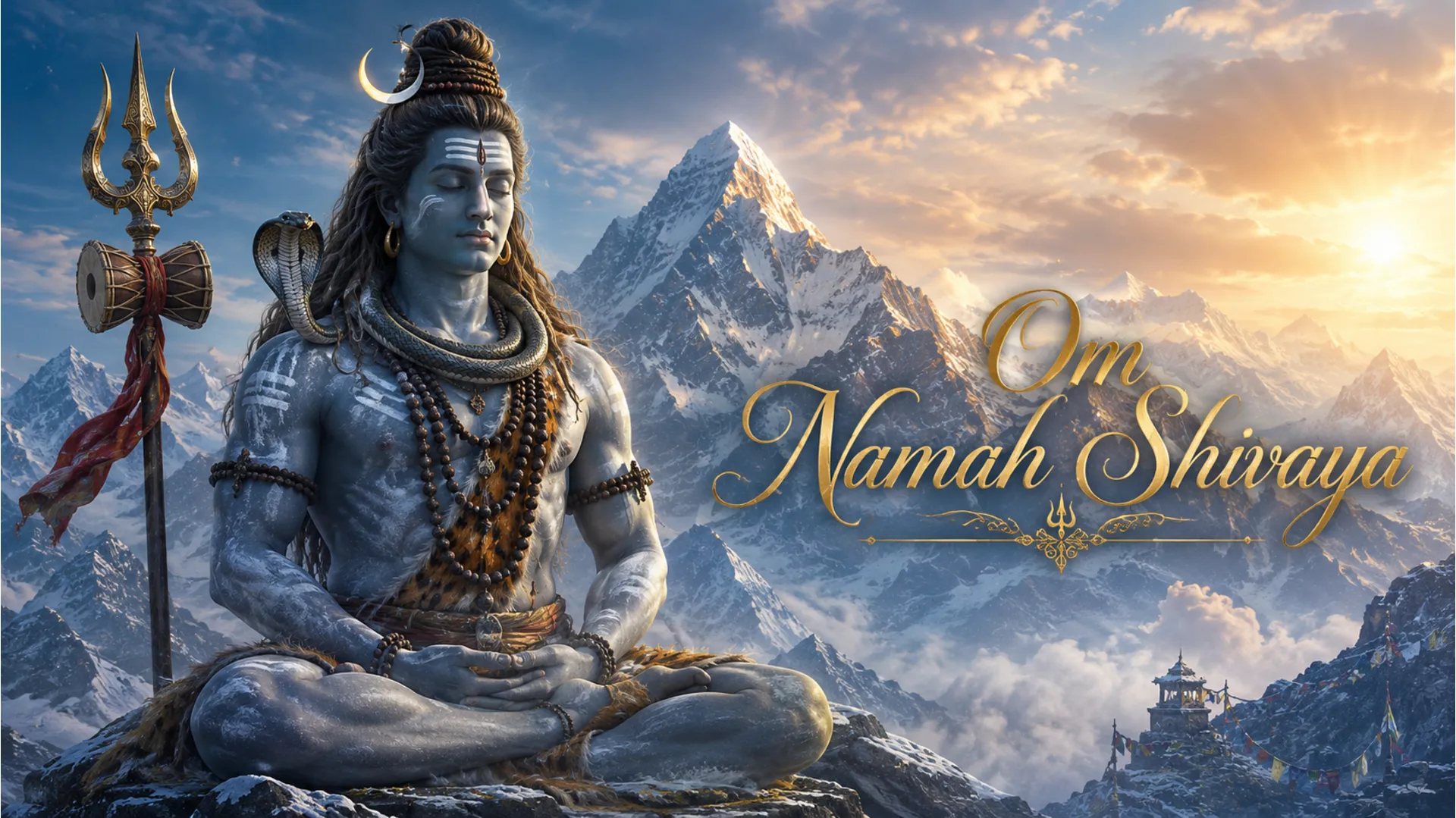 Close-up 4k portrait of Lord Shiva meditating on a mountain with a Trishul and moon.