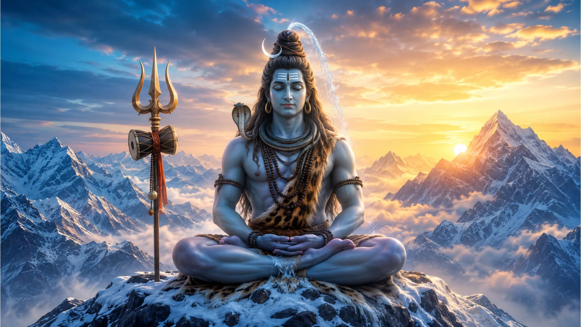 Lord Shiva meditating on a snow-covered Himalayan peak in 1080p resolution.