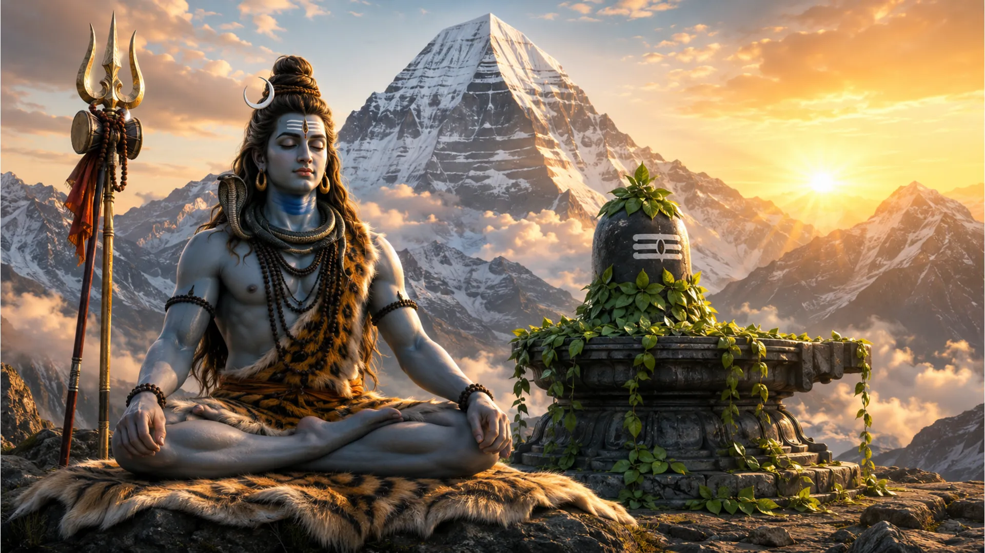 Lord Shiva sitting in deep meditation in front of a giant stone Shivling on Mount Kailash.